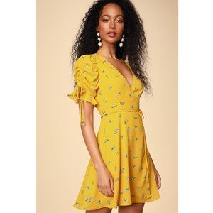 NEW Lulus Floral Fantasy Yellow Floral Print Ruffled Wrap Summer Dress